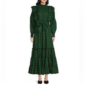 A Loves A Voile Lattice Print Cotton Long Sleeve Ruffle Maxi Dress SZ L Green